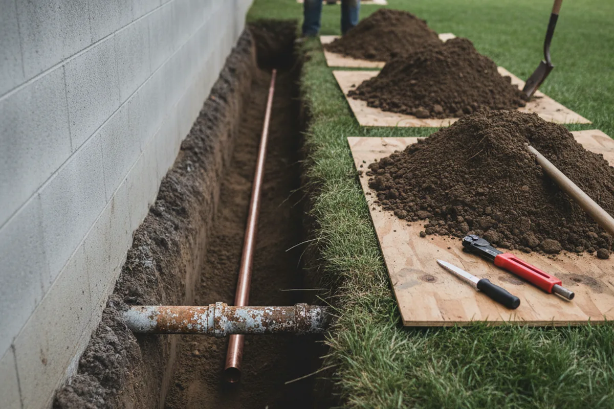 Excavated water line trench during Sewer Line Repair in Fairplay